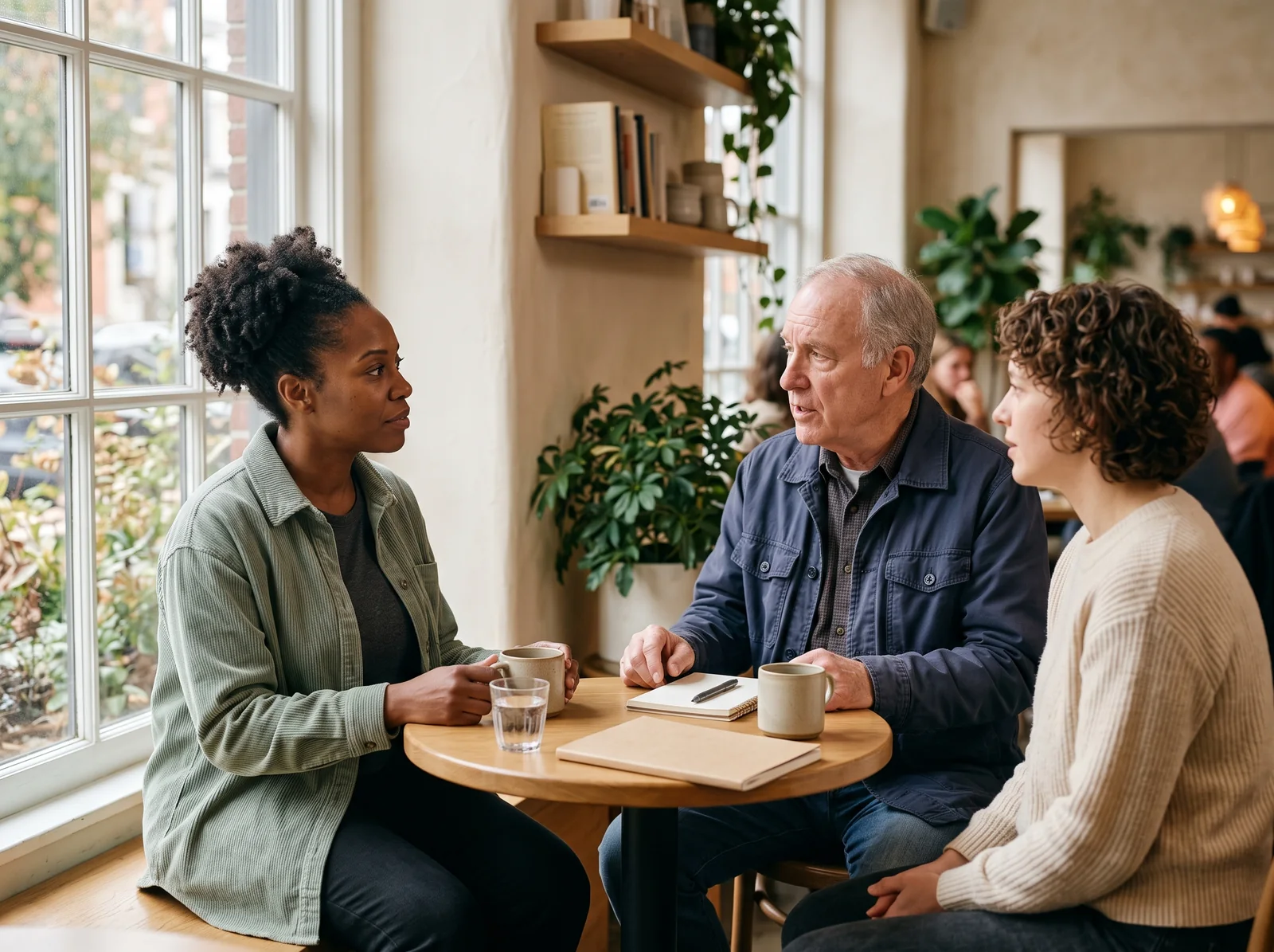 Three adults listening and talking together over coffee at a neighborhood cafe.