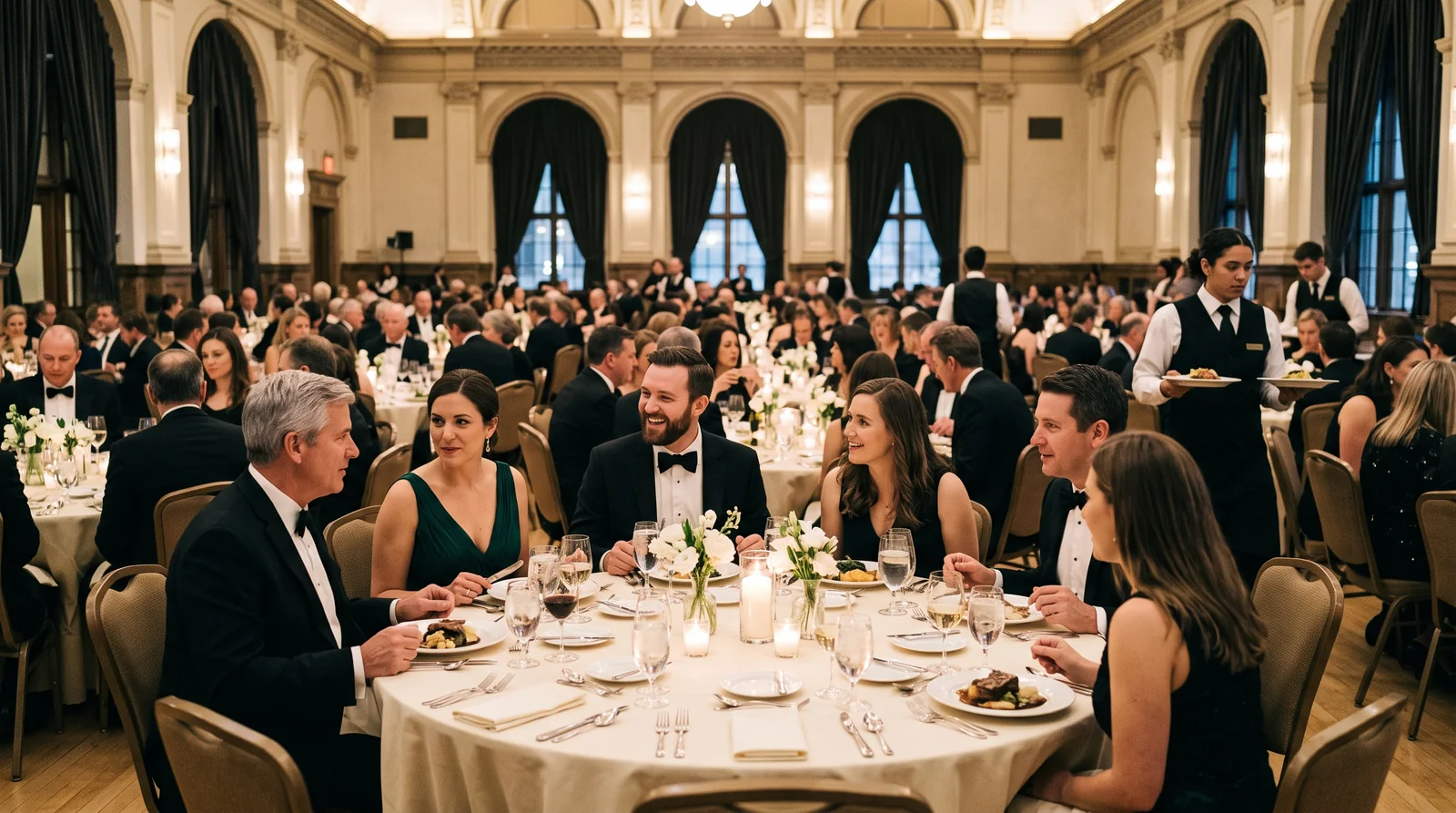 Guests sharing dinner at an elegant fundraising gala in a historic ballroom.
