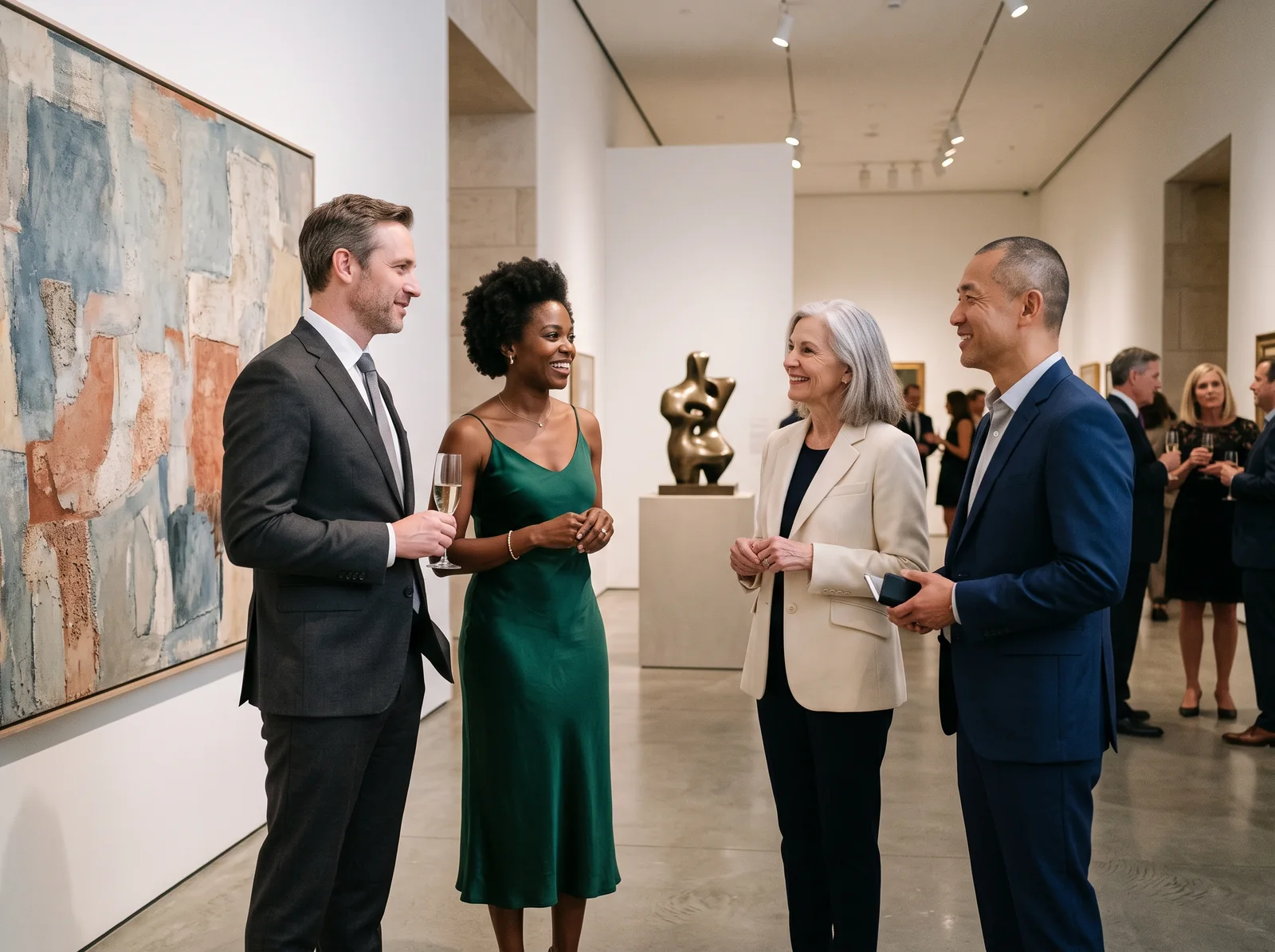 Guests and sponsors in conversation at an evening museum reception.